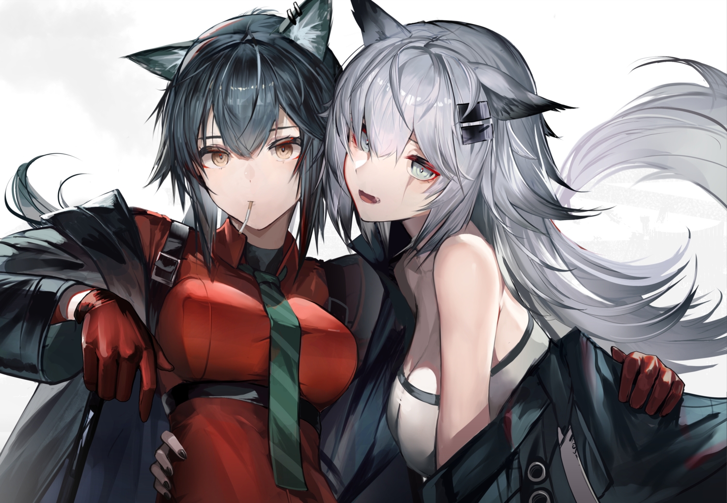 2girls, animal_ears, arknights, black_hair, breasts, brown_eyes, cigarette, cleavage