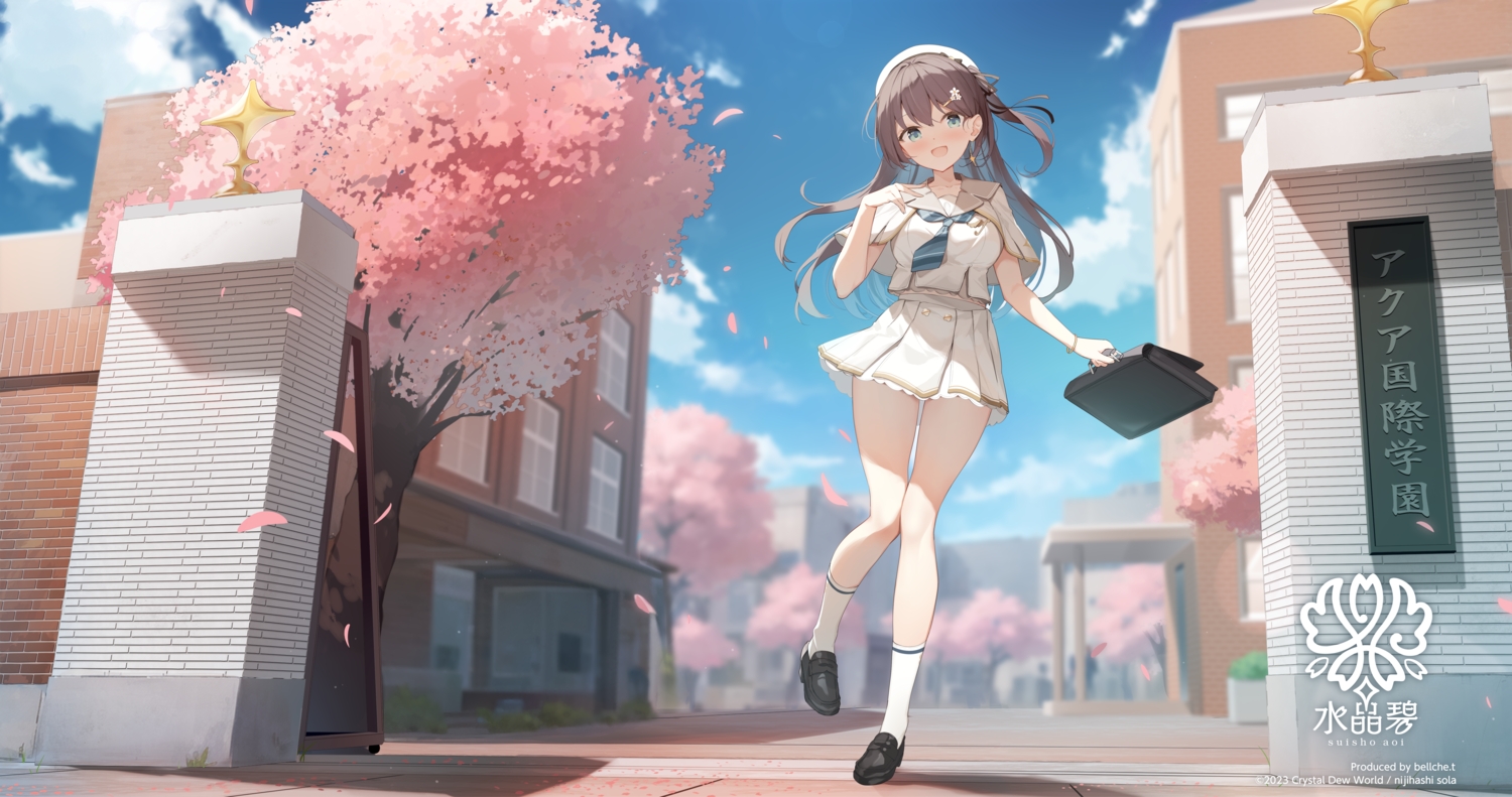 blush, brown_hair, building, cherry_blossoms, clouds, crystal_dew_world, flowers, green_eyes, hat, kneehighs, long_hair, nijihashi_sora, petals, school_uniform, sky, suisho_aoi, tree, watermark