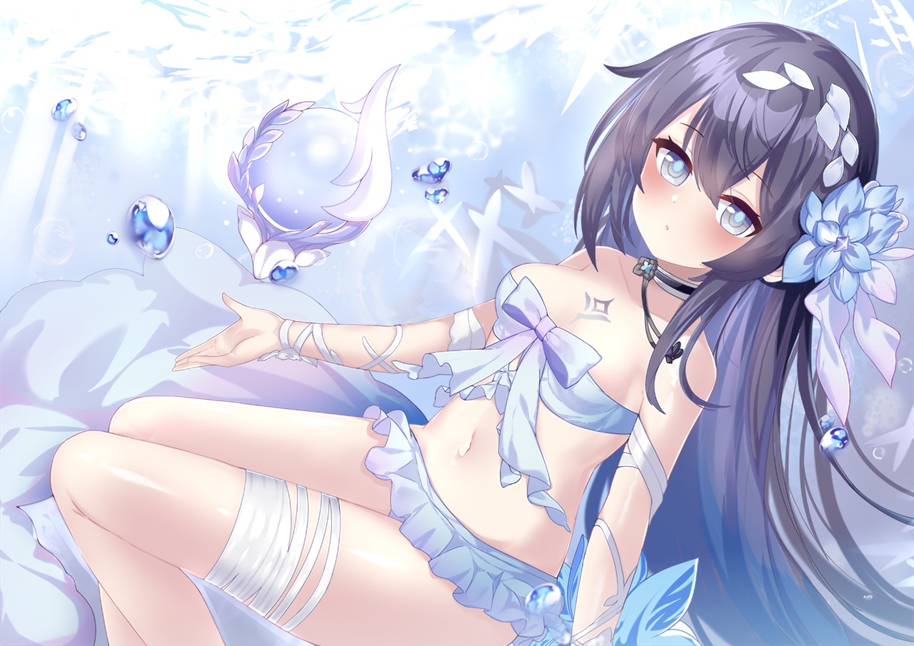 bandage, black_hair, blue_eyes, breasts, choker, gray_eyes, honkai_impact, honkai_(series), kana_(kuaua), long_hair, navel, seele_vollerei, skirt, waifu2x