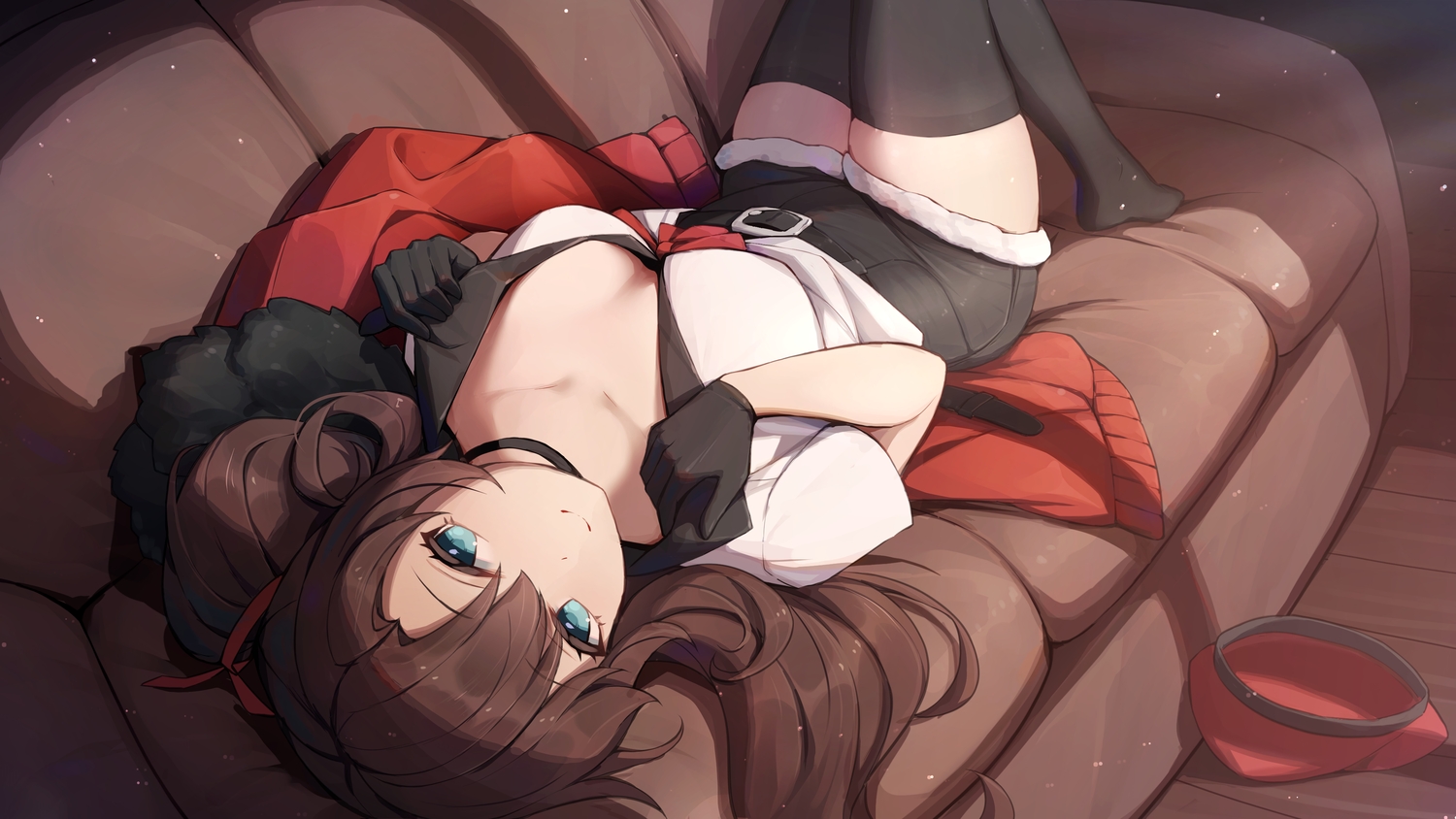 aqua_eyes, breasts, brown_hair, choker, cleavage, couch, female_commander_(girls_frontline), girls_frontline