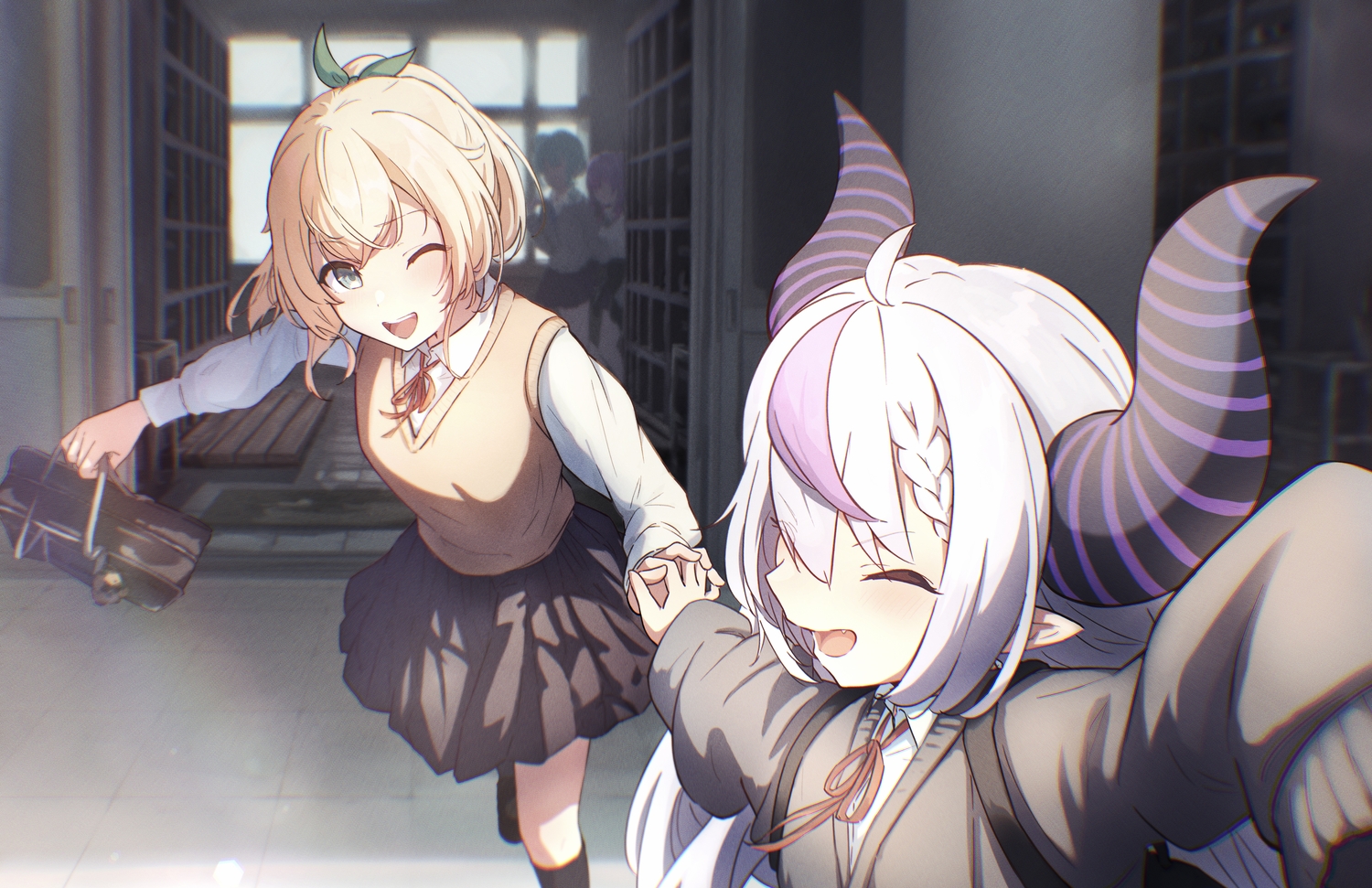 blonde_hair, braids, building, demon, gray_eyes, green_hair, group, hololive, horns, hoshimachi_suisei, kazama_iroha, la+_darkness, oki_no_fuji, purple_hair, school_uniform, skirt, socks, tail, tokoyami_towa, white_hair