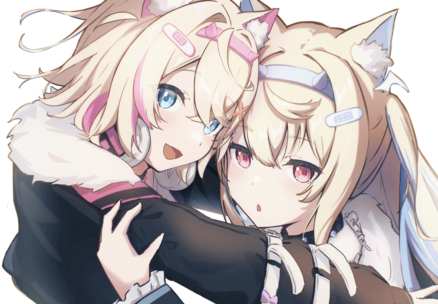 2girls, animal_ears, blonde_hair, blue_eyes, blush, close, doggirl, fuwawa_abyssgard, headphones, hololive, hood, hug, mococo_abyssgard, oki_no_fuji, red_eyes, twins