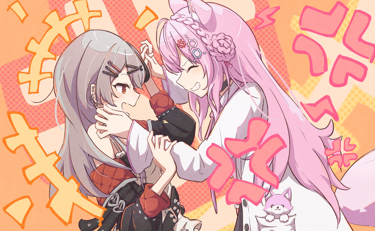 2girls, animal, animal_ears, blush, choker, fang, gray_hair, hakui_koyori