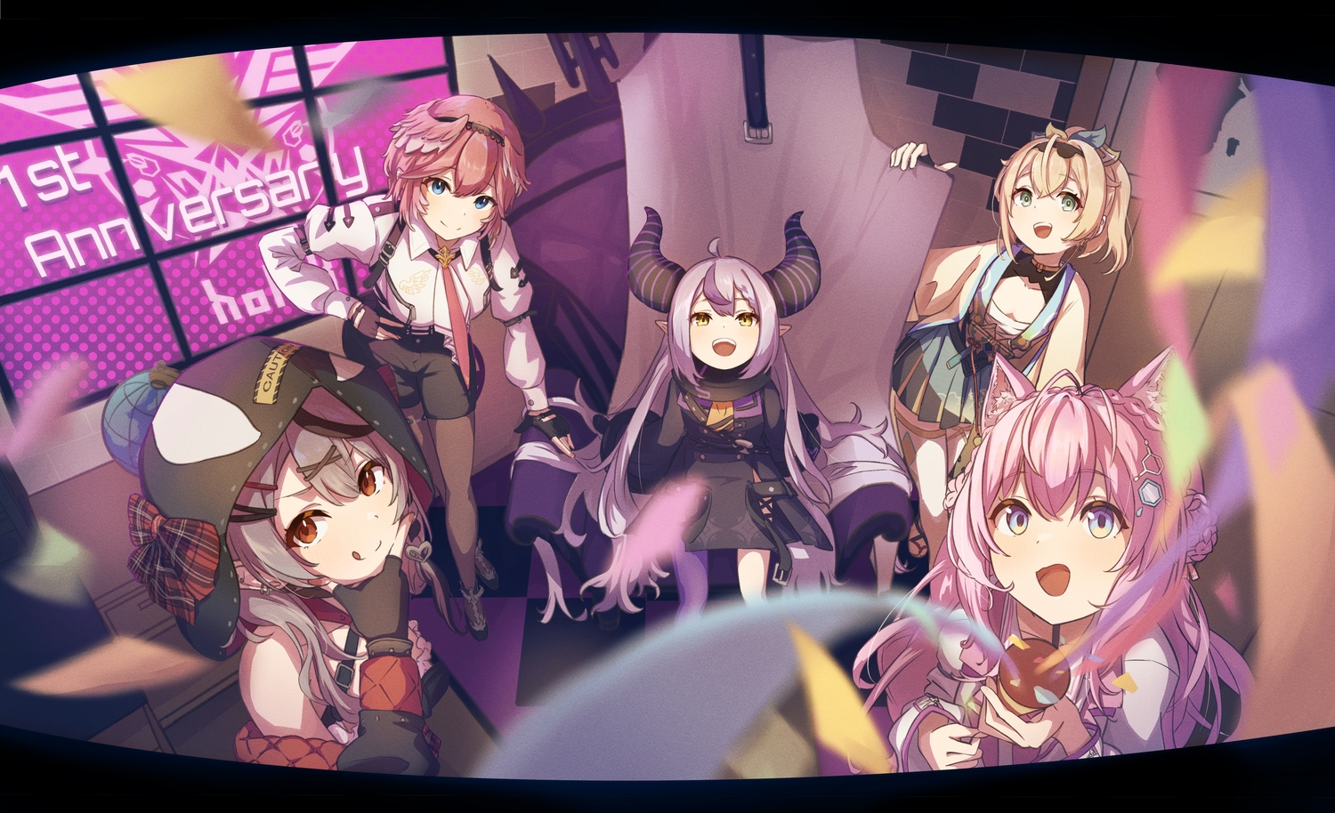 blonde_hair, blue_eyes, blush, boots, breasts, catgirl, demon, gloves, gray_hair, green_eyes, group, hakui_koyori, hat, hololive, horns, kazama_iroha, la+_darkness, long_hair, oki_no_fuji, pink_hair, ponytail, purple_eyes, purple_hair, red_eyes, red_hair, short_hair, skirt, stockings, takane_lui, thighhighs, yellow_eyes