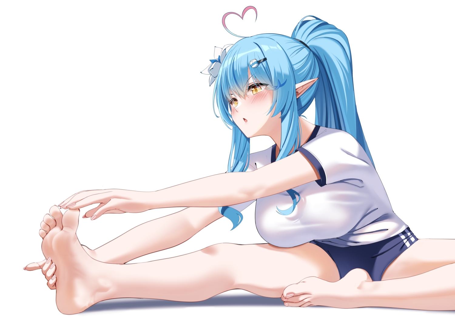 aqua_hair, barefoot, bloomers, blush, breasts, casino_(casinoep), gym_uniform, hololive, long_hair, pointed_ears, ponytail, spread_legs, white, yellow_eyes, yukihana_lamy