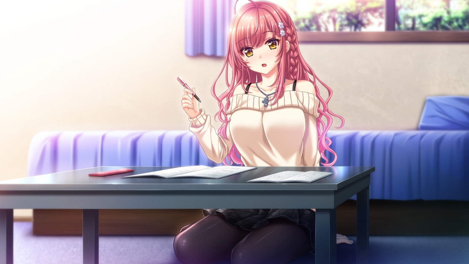 book, game_cg, long_hair, necklace, ogasawara_hinaki, pantyhose, red_hair, sakura_neko