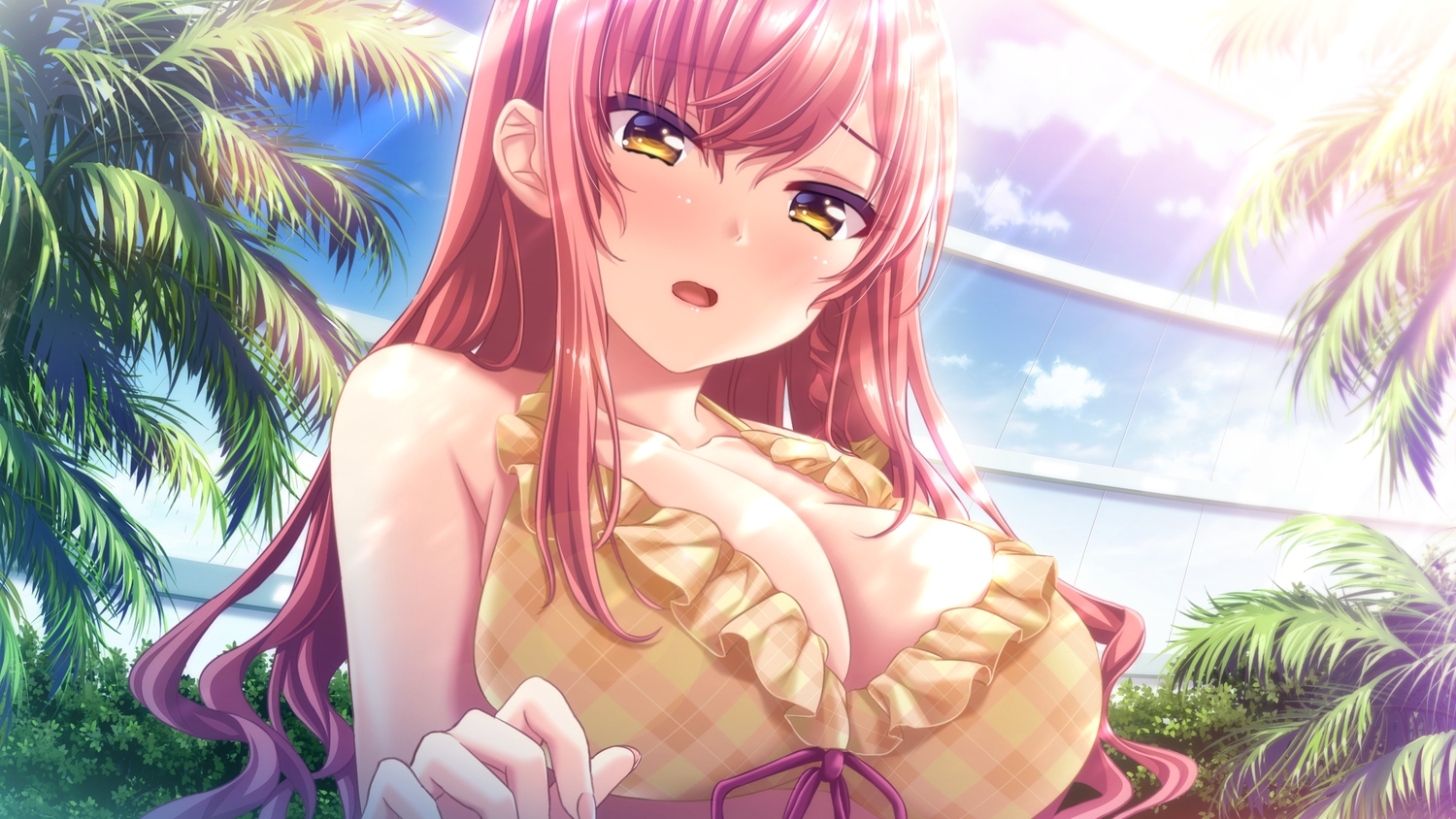 bikini, blush, breasts, cleavage, close, game_cg, long_hair, ogasawara_hinaki