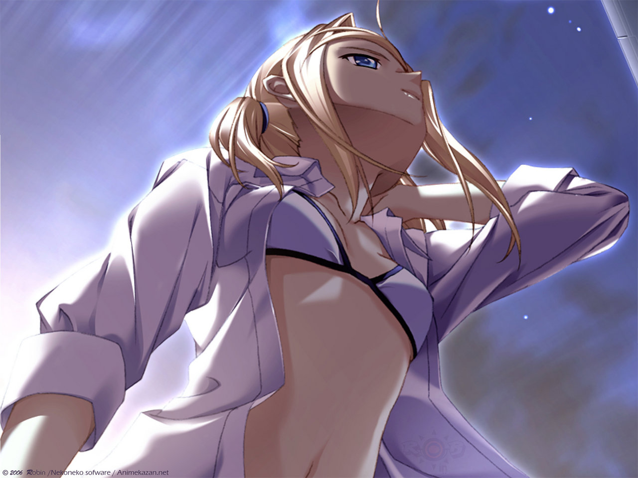 bikini, bikini_top, blonde_hair, blue_eyes, navel, open_shirt, scarlett, short_hair, swimsuit, tagme_(artist), twintails, watermark