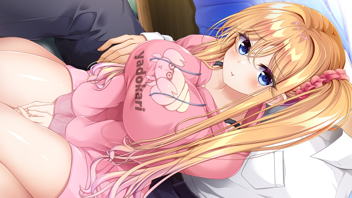 blonde_hair, blue_eyes, blush, breasts, dress, game_cg, hinamori_yume, hiragi_ringo