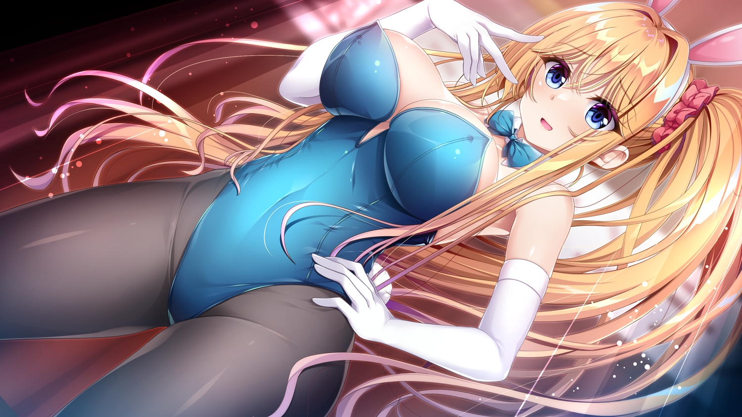 animal_ears, blonde_hair, blue_eyes, bow, breasts, bunny_ears, bunnygirl, cleavage, elbow_gloves, game_cg, gloves, headband, hinamori_yume, hiragi_ringo, leotard, long_hair, namaiki_yume-chan_wa_onii_to_mechakucha_h_shitai!, pantyhose, ponytail, tokohana
