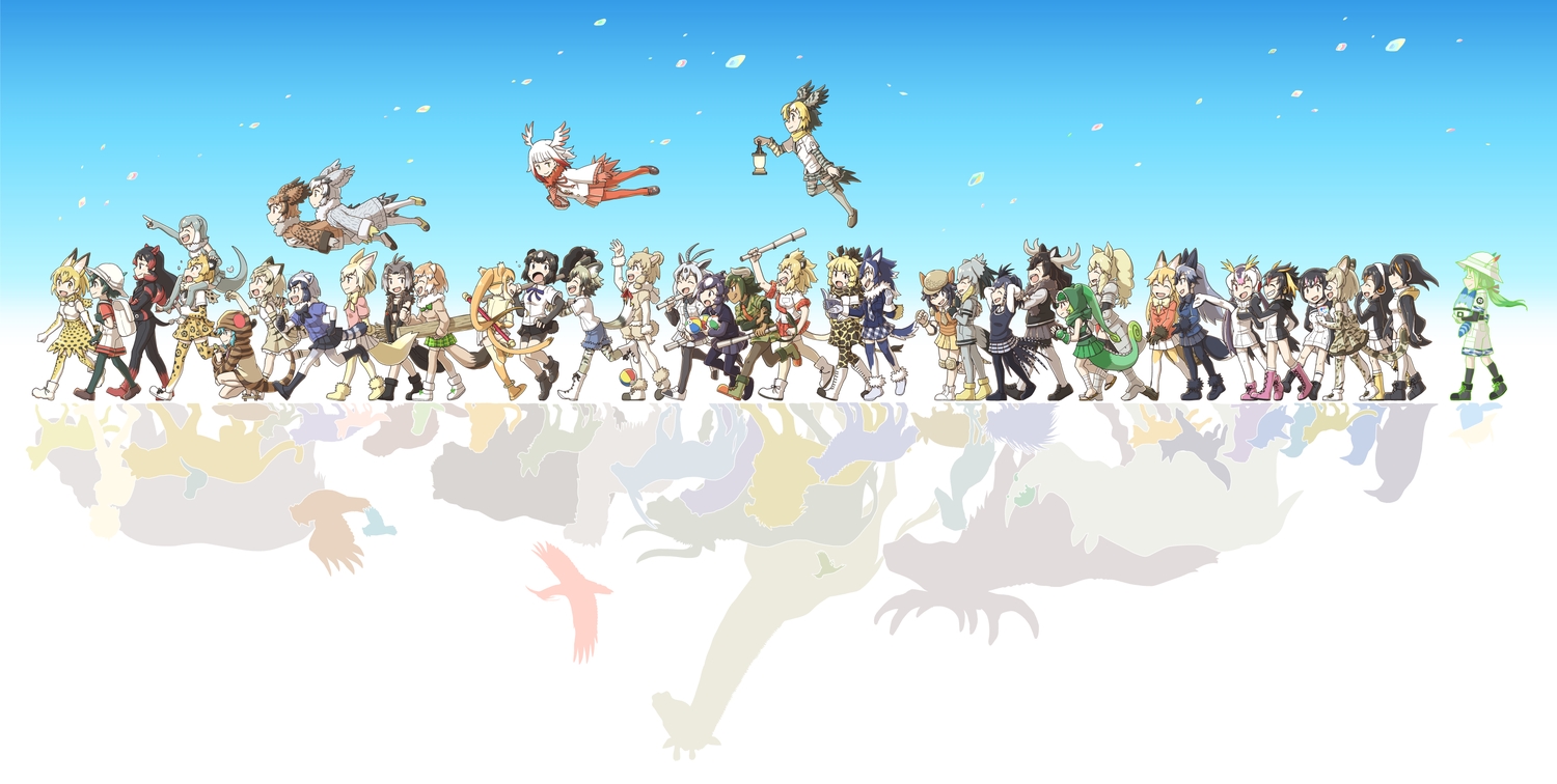 african_wild_dog_(kemono_friends), american_beaver_(kemono_friends), animal, animal_ears, anthropomorphism, arabian_oryx_(kemono_friends), aurochs_(kemono_friends), black-tailed_prairie_dog_(kemono_friends)