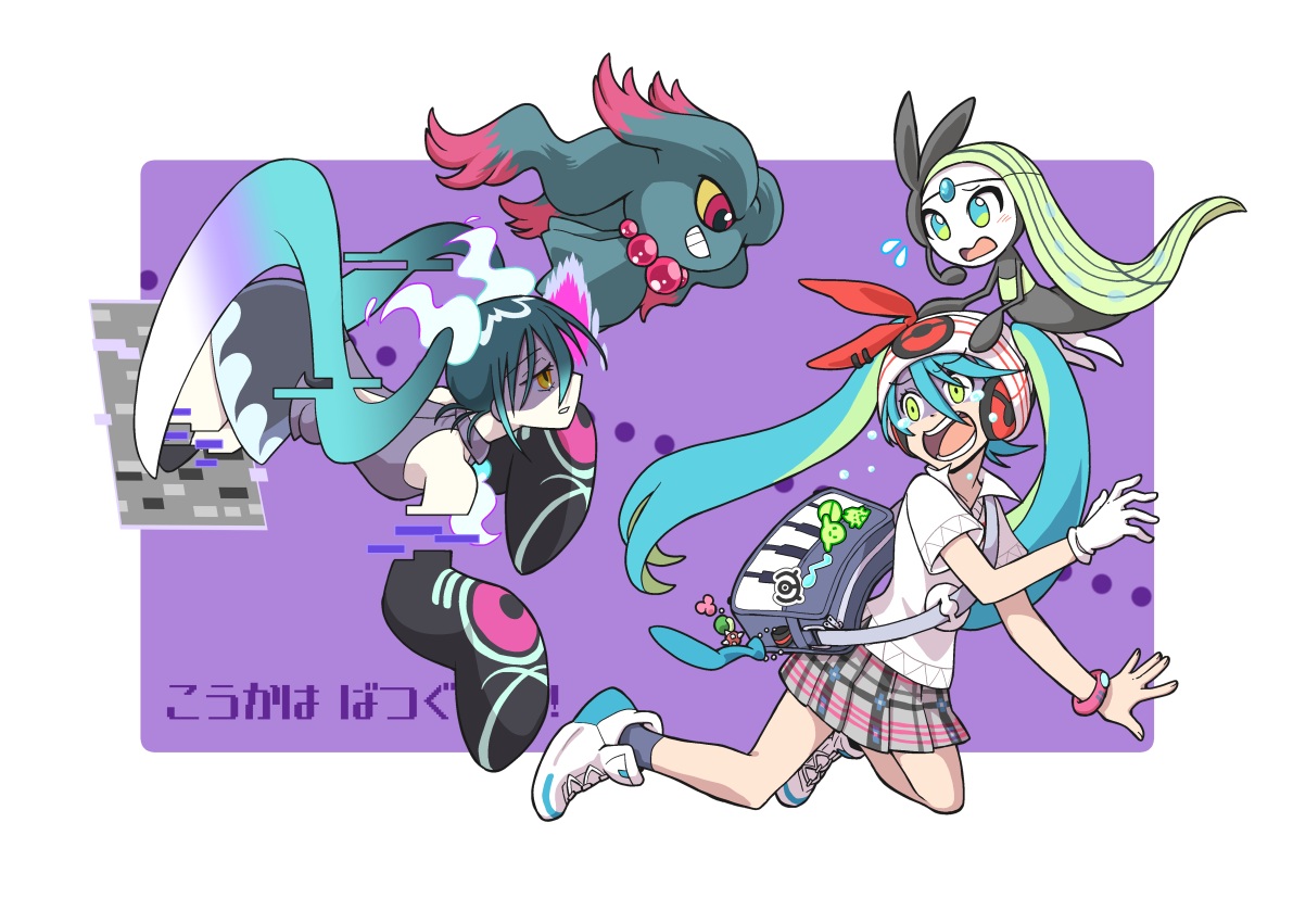 2girls, ghost_miku_(project_voltage), hatsune_miku, kokorori-p, meloetta, misdreavus, pokemon, project_voltage