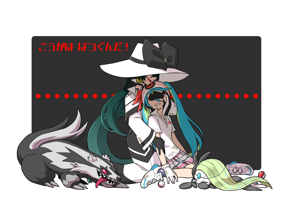 2girls, dark_miku_(project_voltage), gloves, hatsune_miku, kokorori-p, linoone, meloetta, pokemon