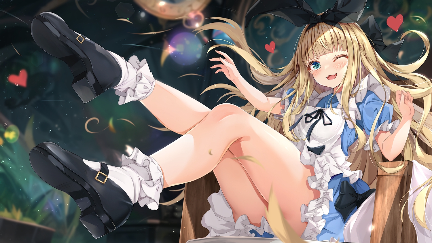 alice_in_wonderland, apron, aqua_eyes, blonde_hair, blush, cat_smile, dress, fang