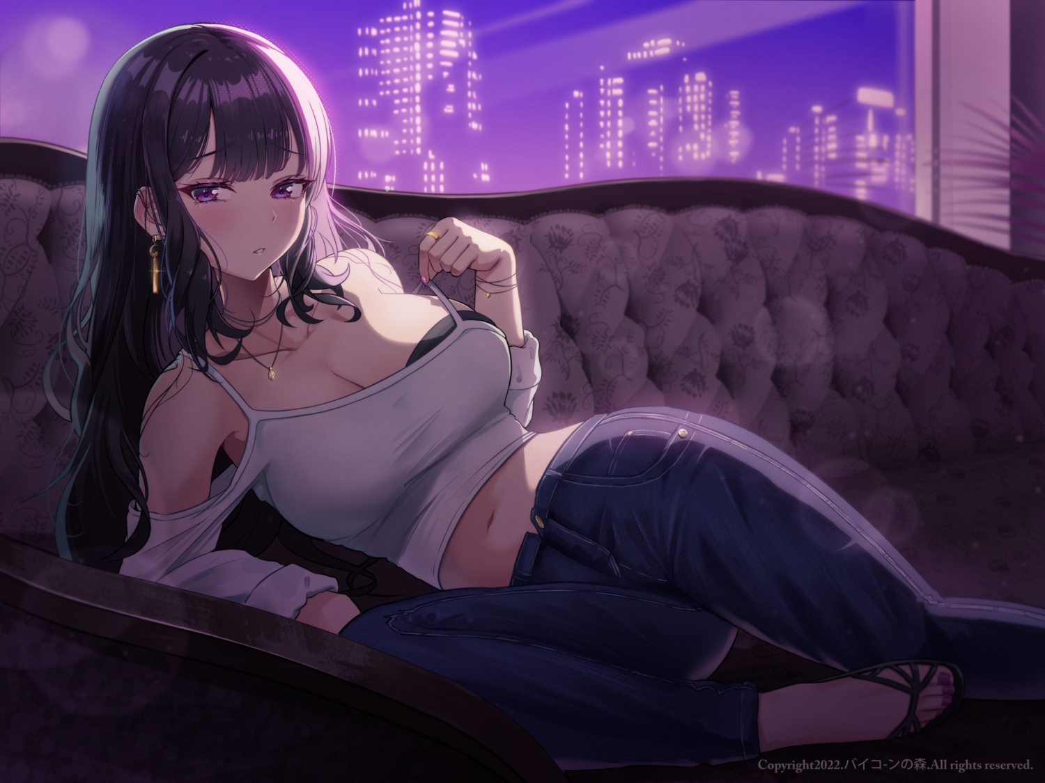 3d, black_hair, blush, bra, breasts, building, city, cleavage, couch, long_hair, navel, necklace, night, original, purple_eyes, rank_alee, underwear, watermark