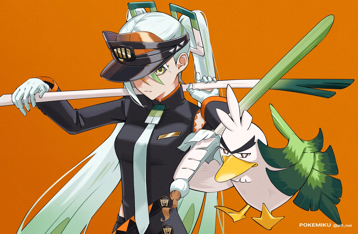 animal, bird, fighting_miku_(project_voltage), green_eyes, hat, hatsune_miku, long_hair, p9_nai, pokemon, project_voltage, sirfetch'd, sword, tie, twintails, vocaloid, watermark, weapon, white_hair