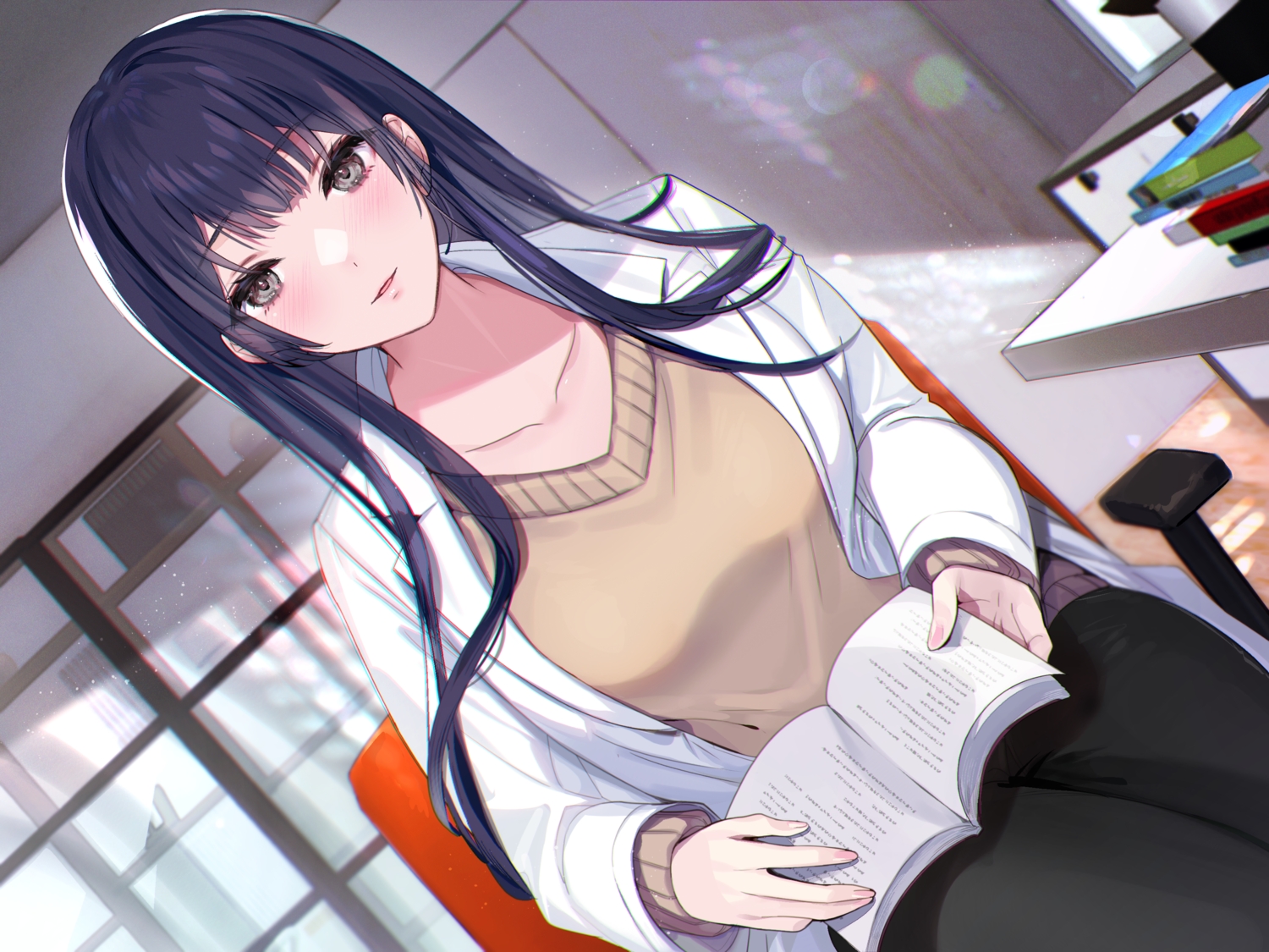 aliasing, black_hair, blush, book, gray_eyes, hayakawa_akari, long_hair, original