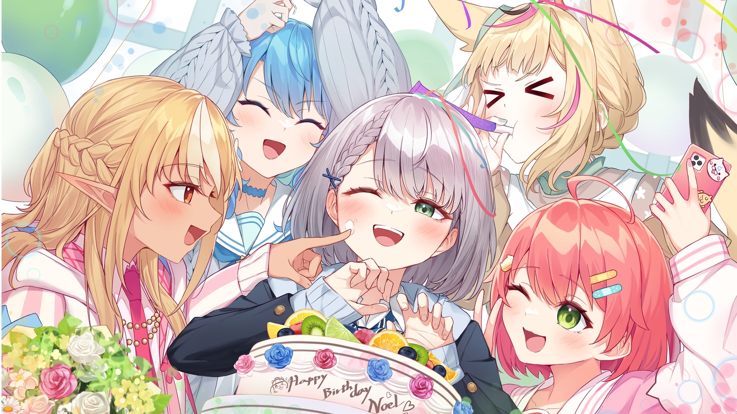 animal_ears, blonde_hair, blush, braids, cake, close, dark_skin, flowers
