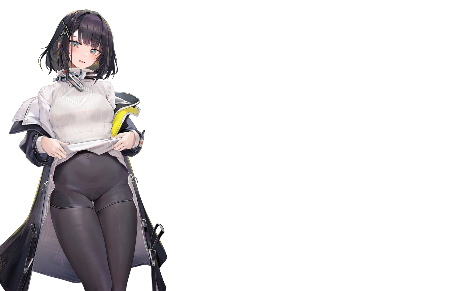 arknights, black_hair, blue_eyes, blush, cameltoe, dress, endministrator_(arknights), pantyhose, ru_zhai, short_hair, shorts, skirt_lift, white
