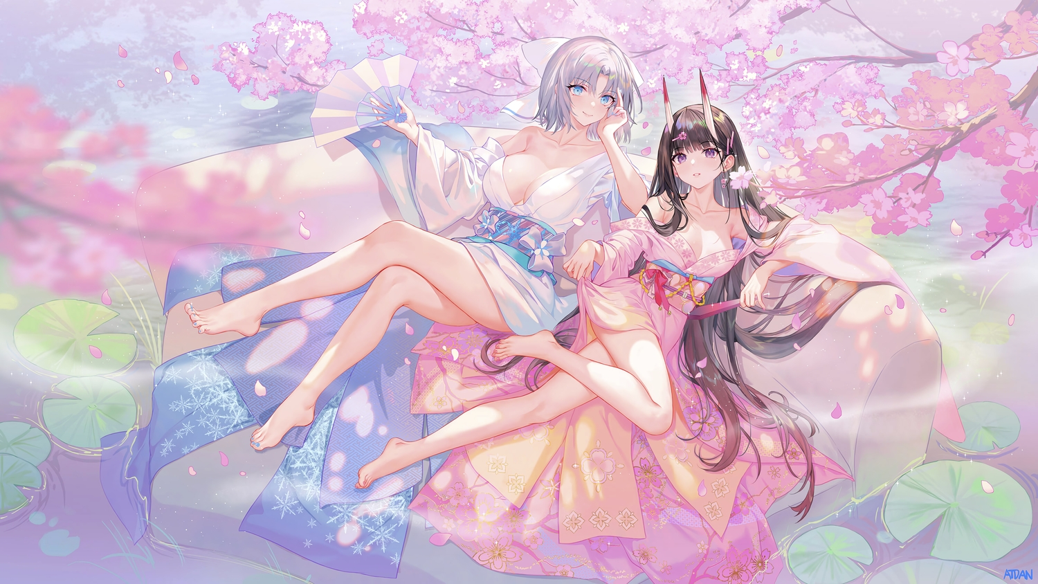2girls, anthropomorphism, atdan, azur_lane, barefoot, brown_hair, cherry_blossoms, crossover