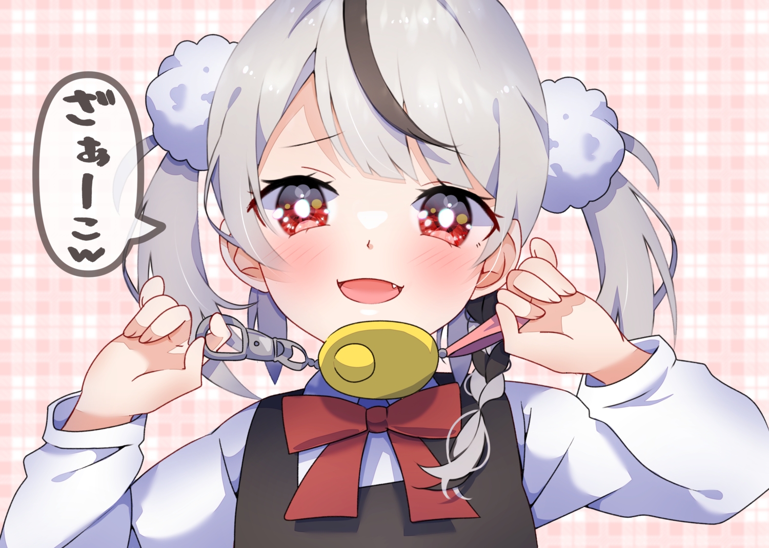blush, bow, close, fang, gray_hair, hololive, loli, parody