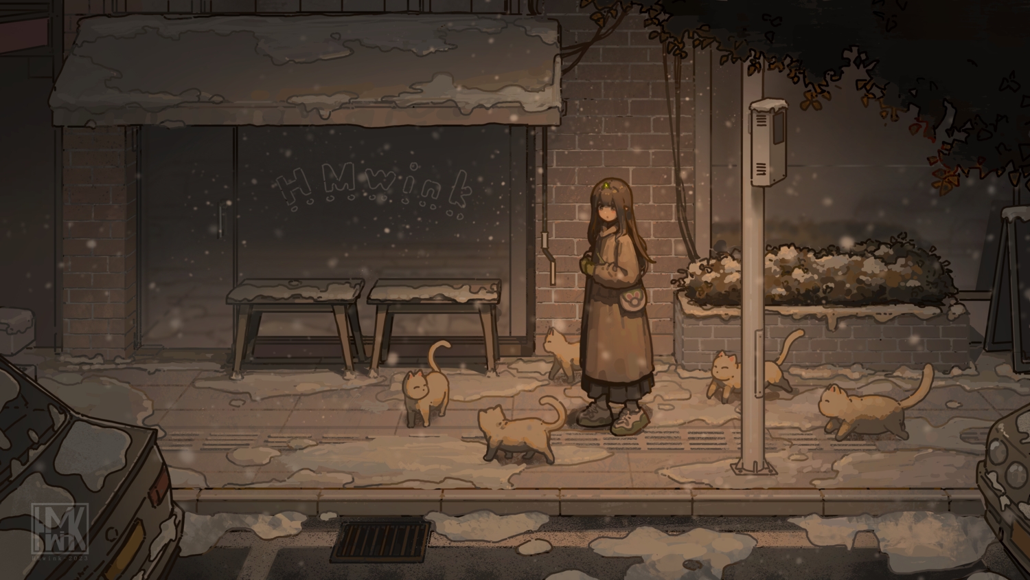 animal, brown_eyes, brown_hair, building, car, cat, city, dark