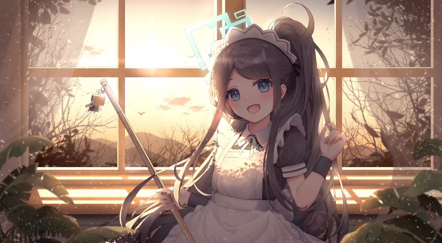 3d, apron, black_hair, blue_archive, blue_eyes, blush, bow, clouds