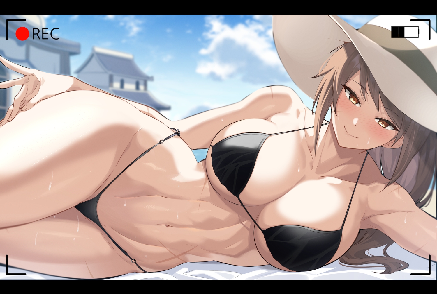 bikini, blush, breasts, brown_eyes, brown_hair, building, camera, dungeon_and_fighter