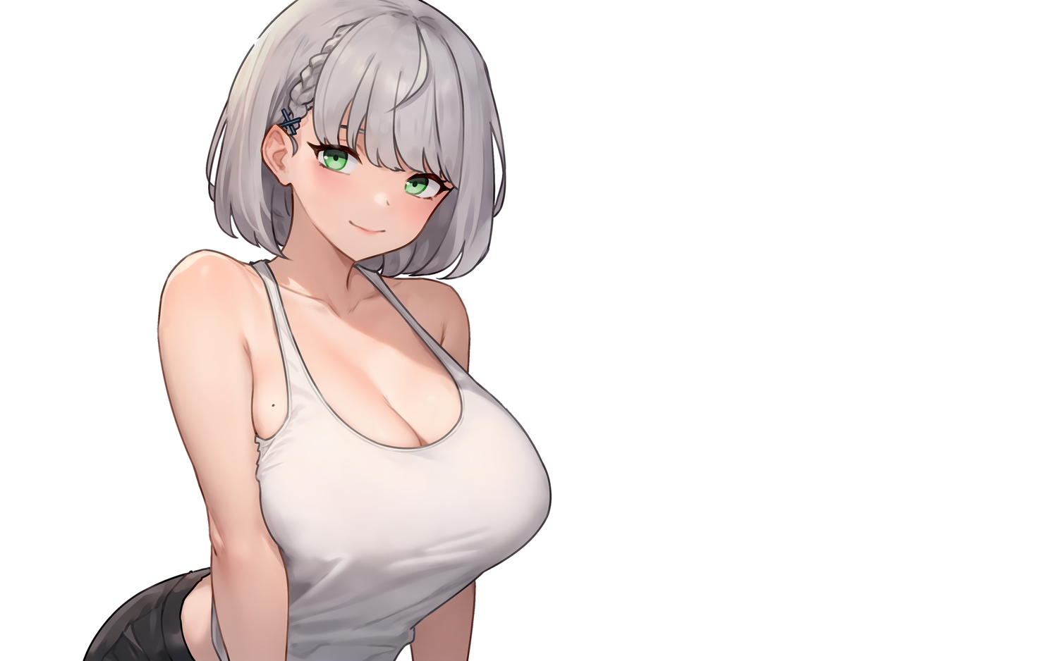 bluefield, braids, breast_hold, breasts, cleavage, gray_hair, green_eyes, hololive