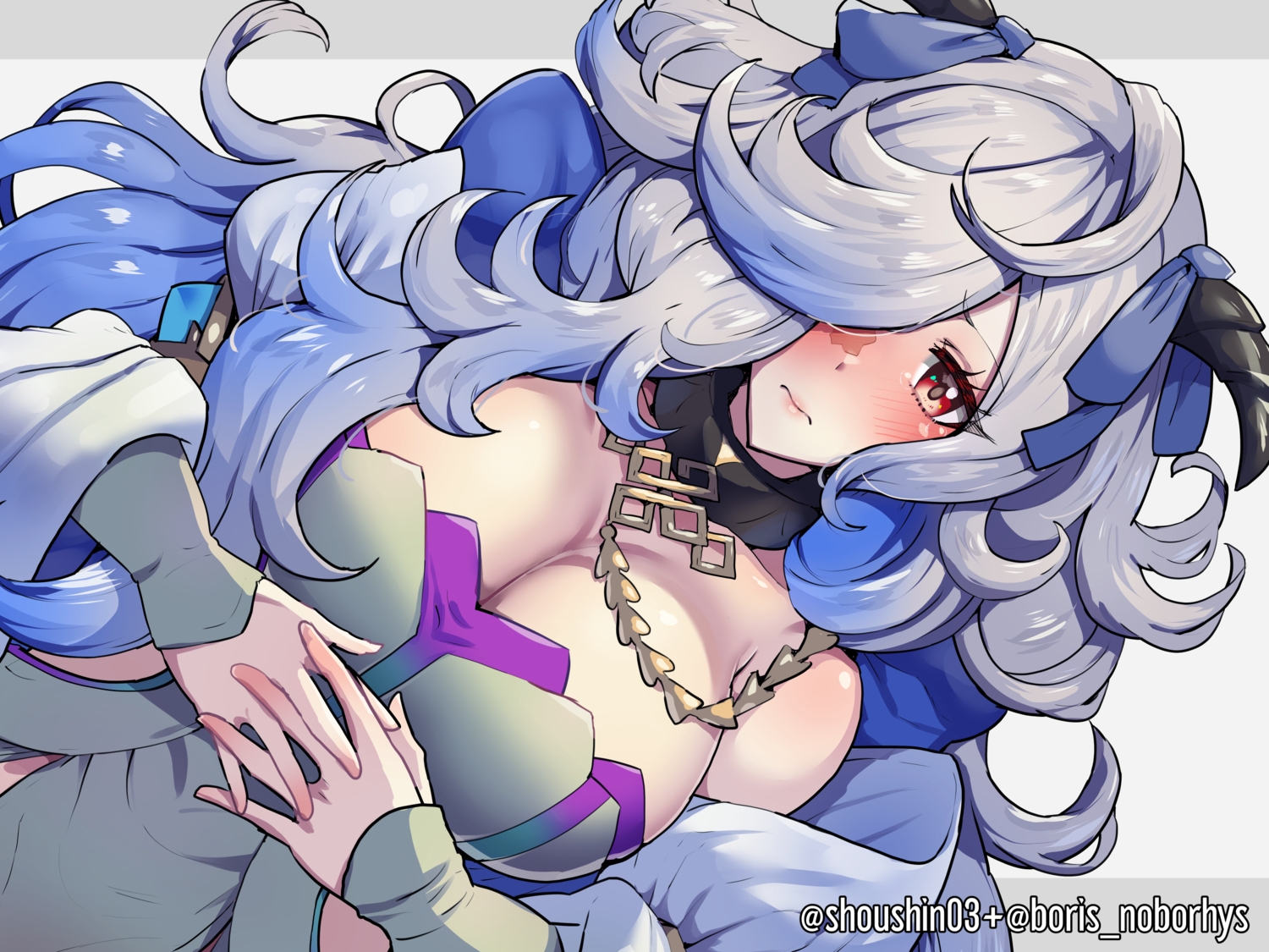 blush, boris_(noborhys), breasts, choker, cleavage, eitr_(fire_emblem), fire_emblem, gray_hair, horns, long_hair, red_eyes, watermark, white