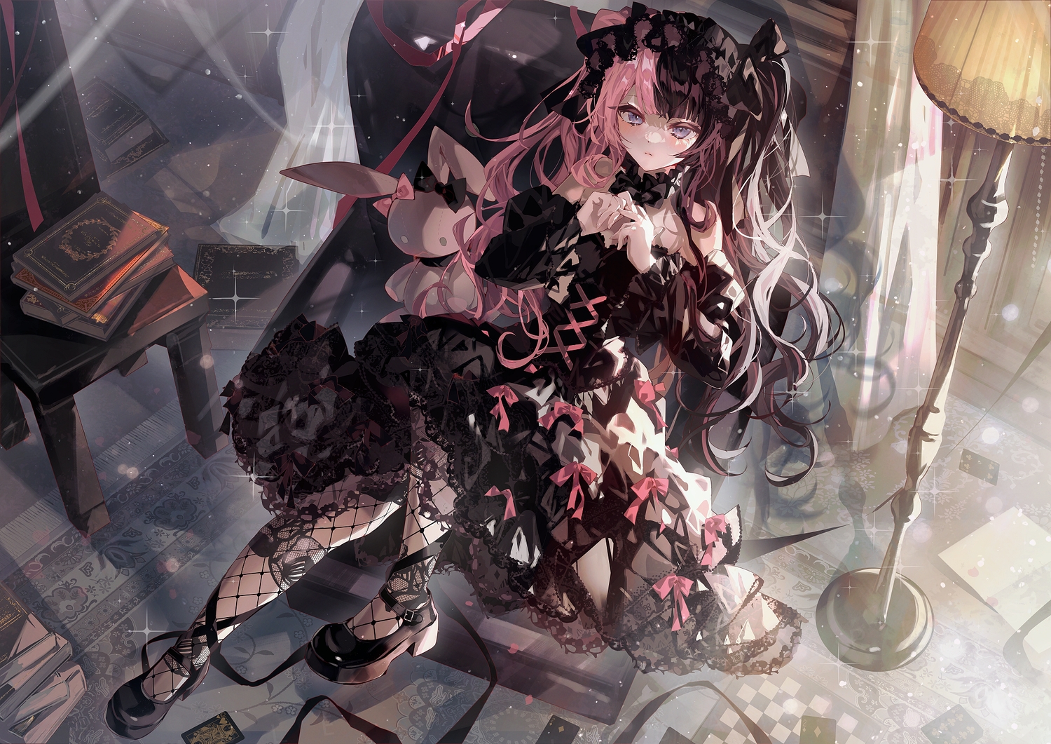 aruterra, blush, book, bow, bunny, choker, goth-loli, headdress