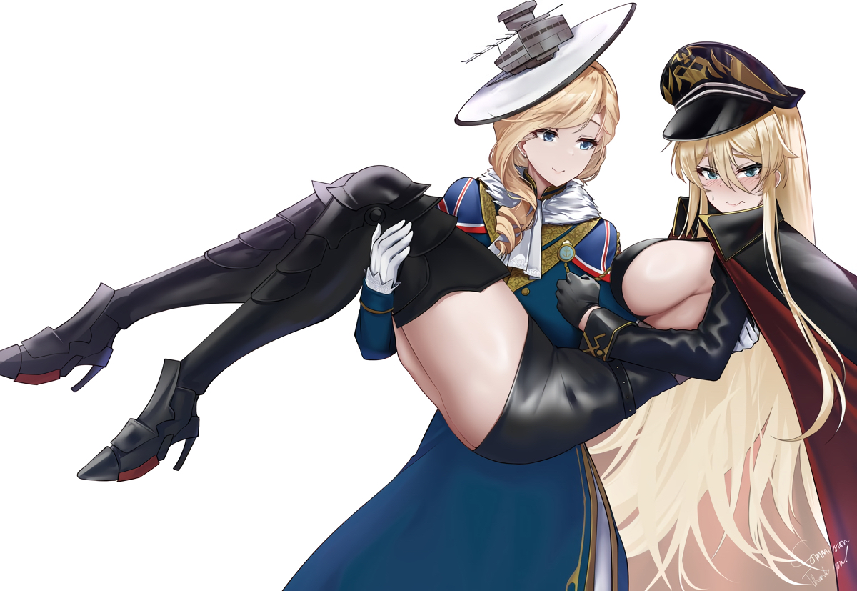 2girls, anthropomorphism, aqua_eyes, azur_lane, bismarck_(azur_lane), blonde_hair, blue_eyes, blush
