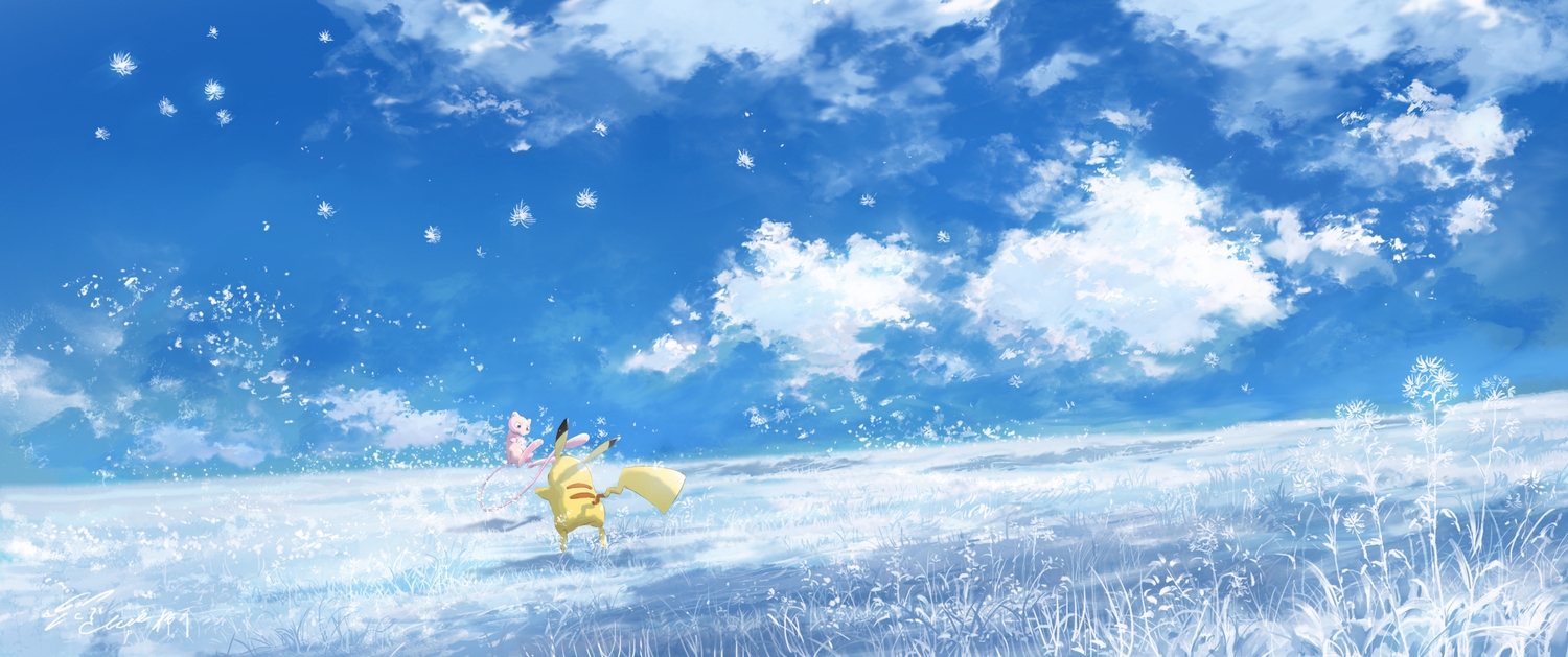 clouds, flowers, grass, hachiya_shohei, mew, no_humans, pikachu, pokemon