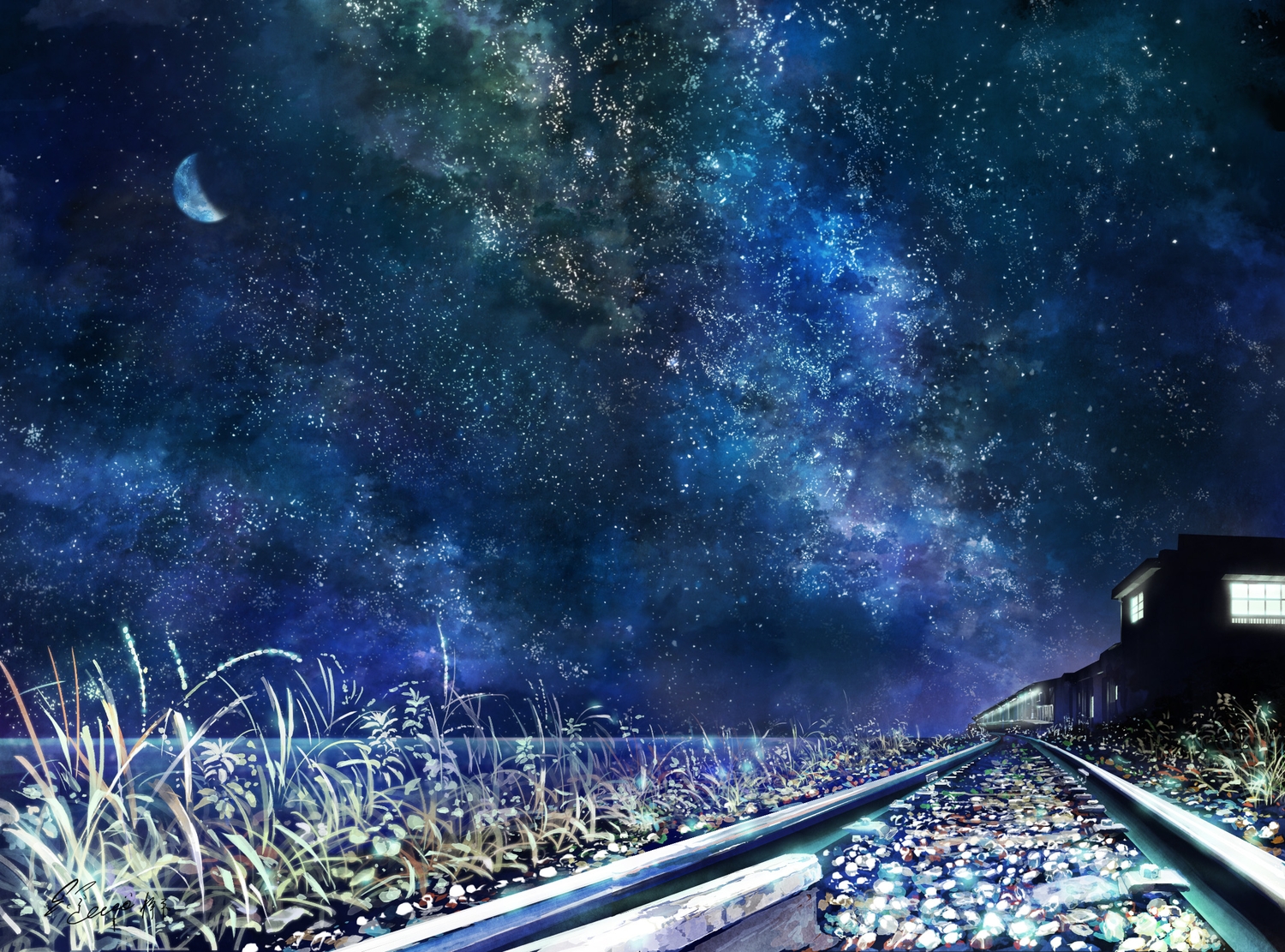 building, grass, hachiya_shohei, moon, night, no_humans, original, scenic