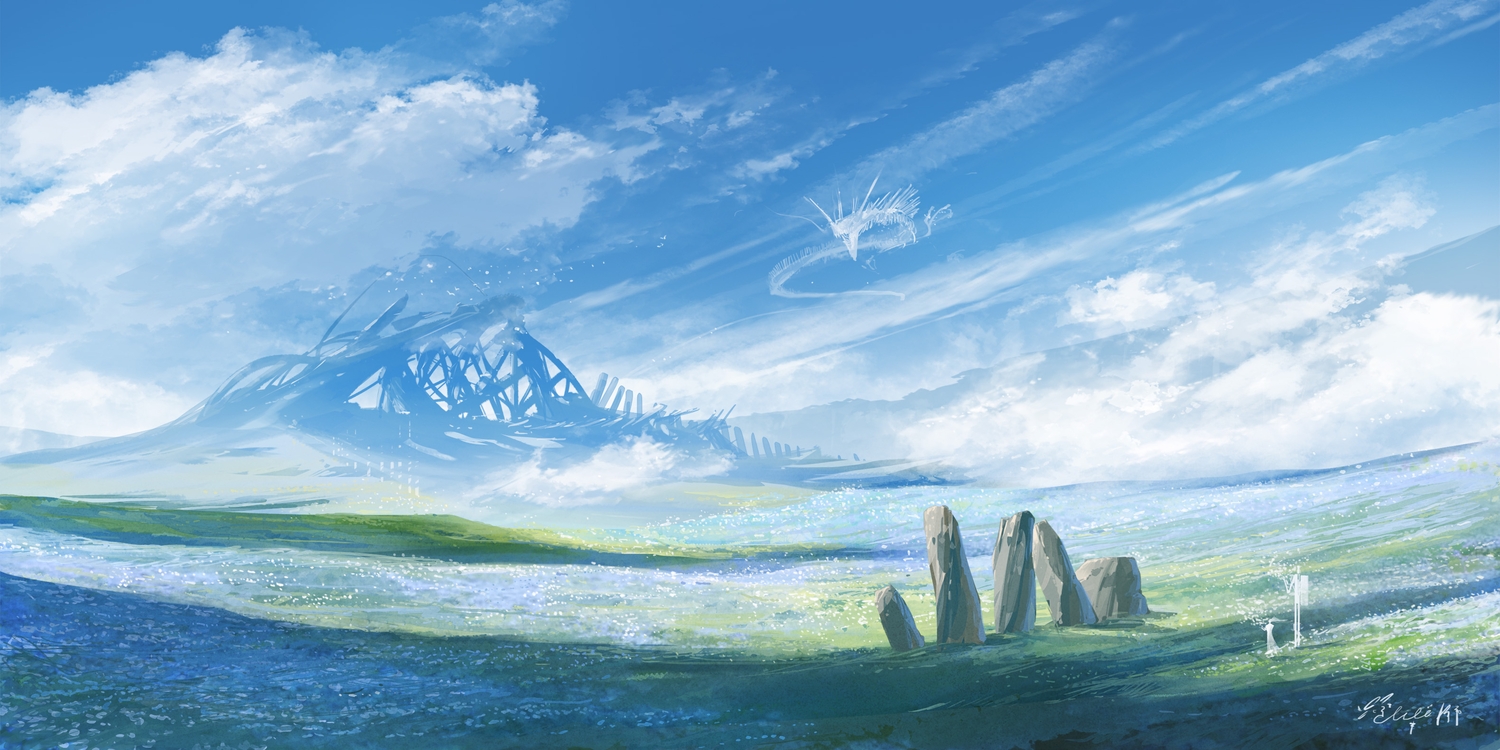 clouds, dragon, grass, hachiya_shohei, no_humans, original, ruins, scenic, signed, sky