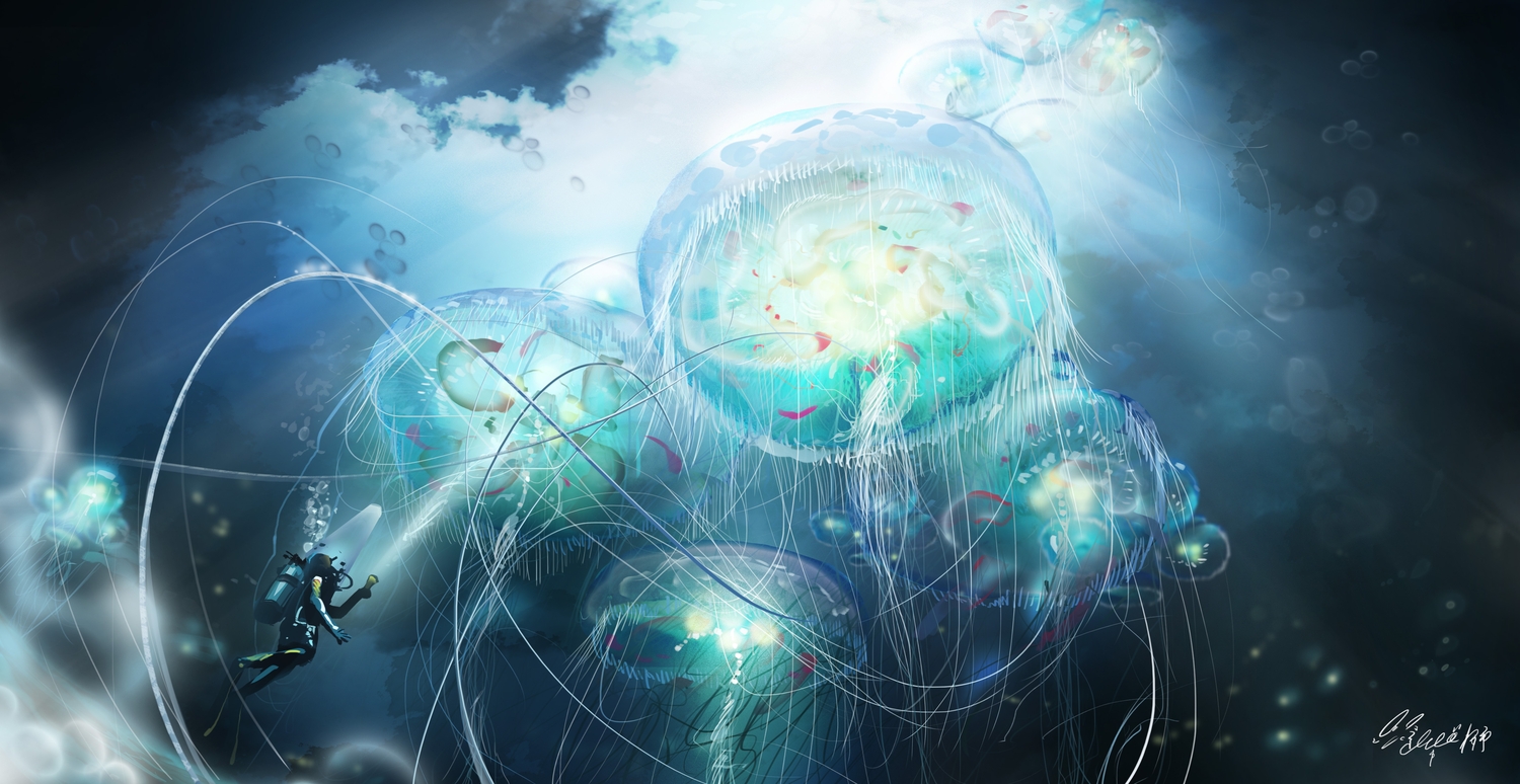 animal, bubbles, fish, hachiya_shohei, original, signed, underwater, water