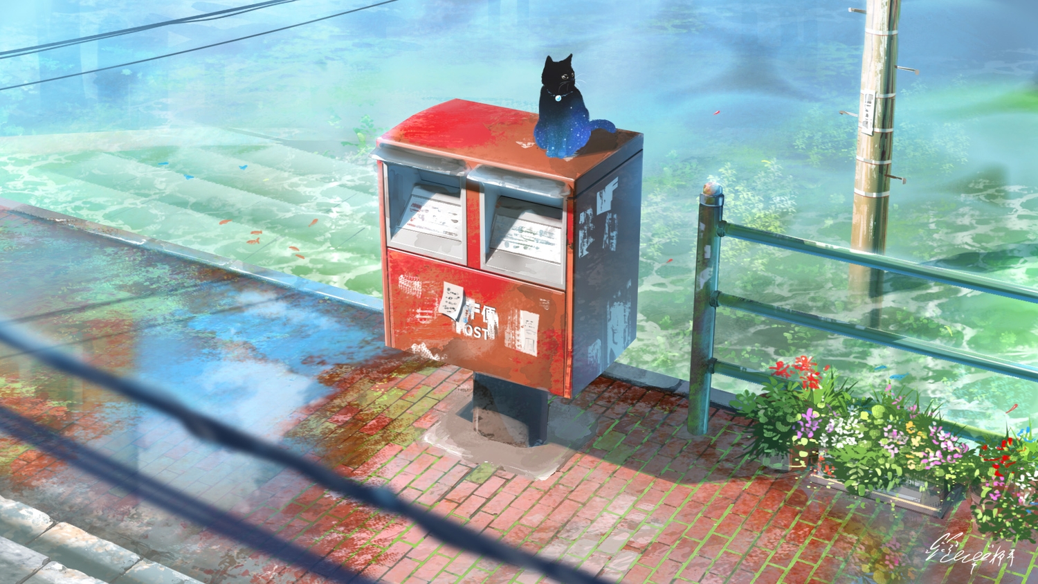animal, cat, fish, flowers, hachiya_shohei, no_humans, original, signed