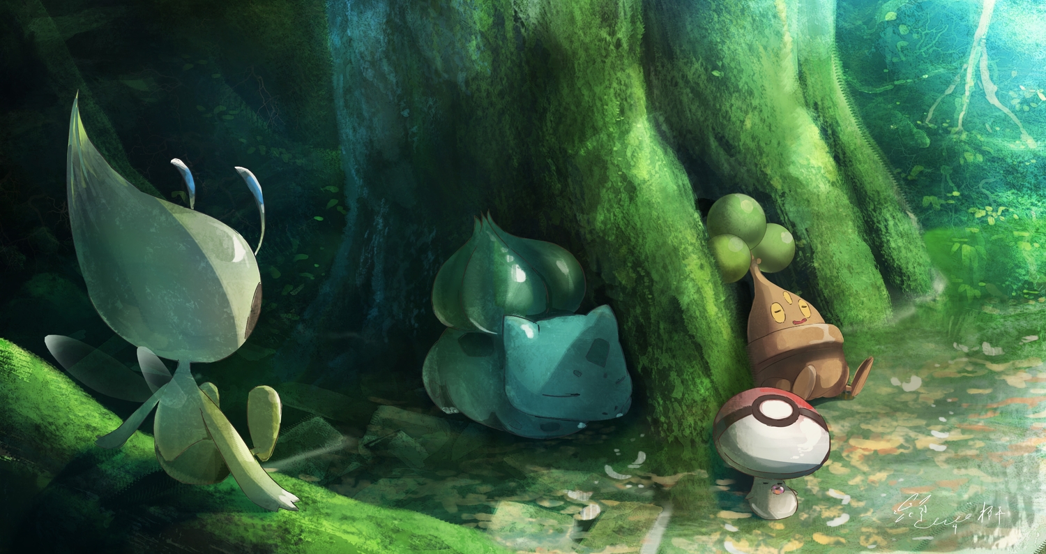 bonsly, bulbasaur, celebi, foongus, green, hachiya_shohei, no_humans, pokemon