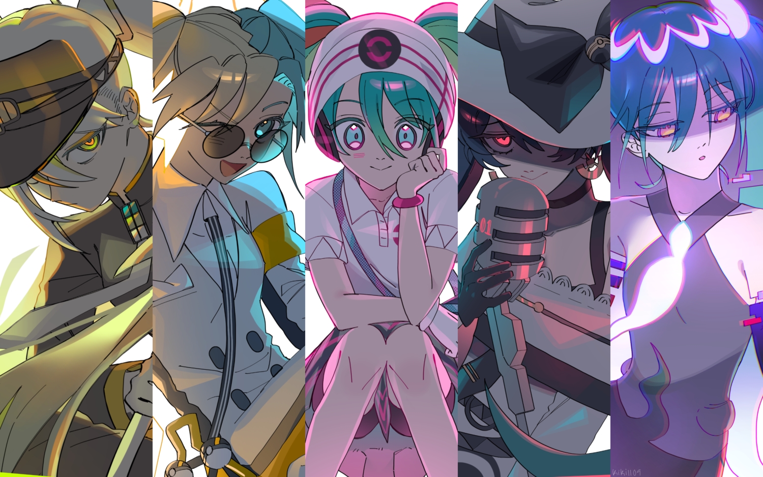 dark_miku_(project_voltage), electric_miku_(project_voltage), fighting_miku_(project_voltage), ghost_miku_(project_voltage), hat, hatsune_miku, kiki1109, pokemon