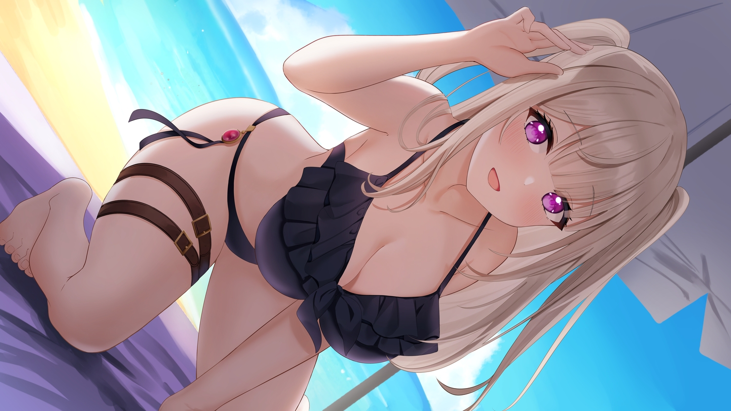 barefoot, beach, bikini, blonde_hair, blush, breasts, cleavage, clouds