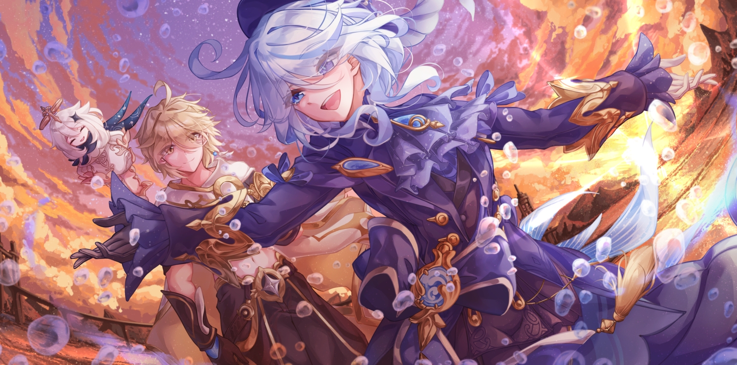 2girls, aether_(genshin_impact), blonde_hair, blue_eyes, clouds, dress, furina_(genshin_impact), genshin_impact