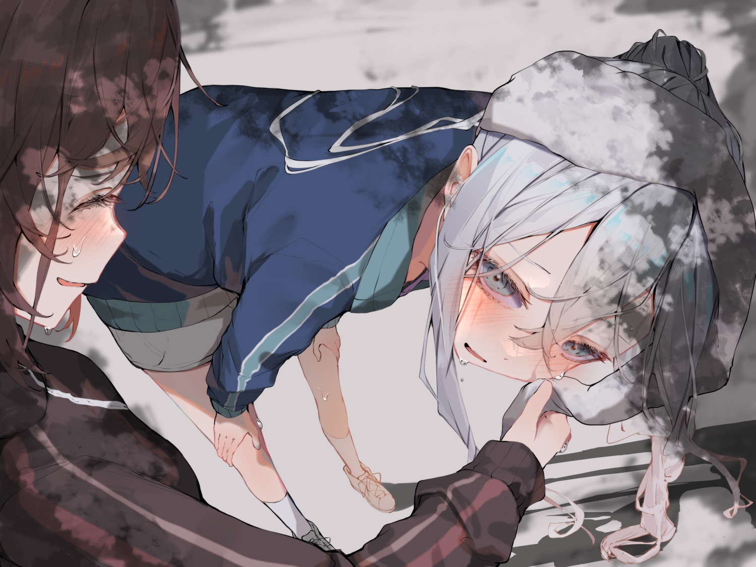 2girls, blush, brown_hair, gray_hair, long_hair, ponytail, project_sekai, shinonome_ena
