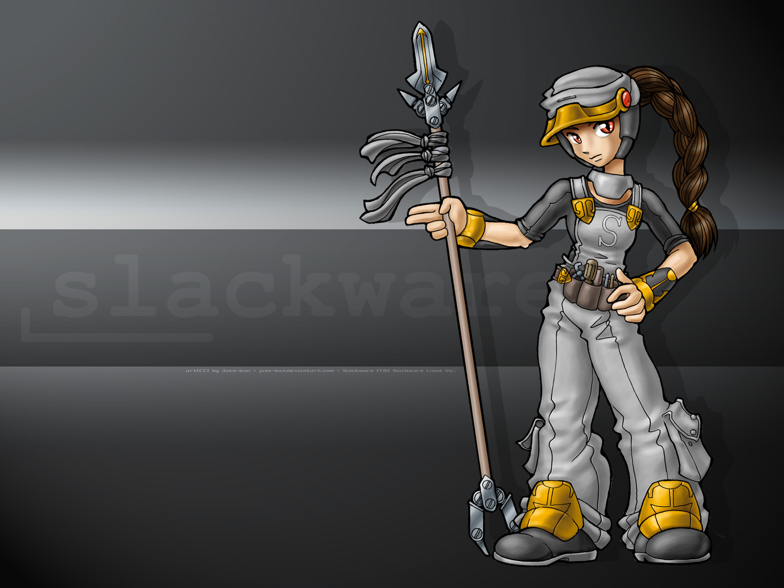 anthropomorphism, gray, juzo-kun, linux, os-tan, slackware, spear, weapon