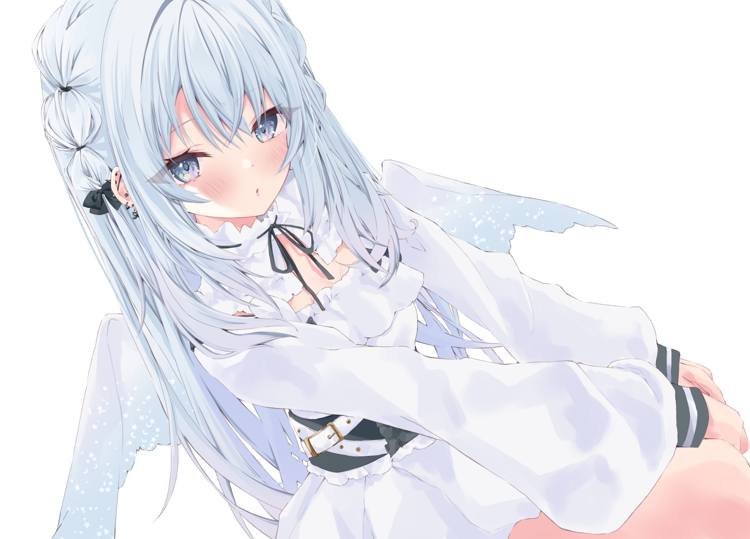 angel, braids, dress, gray_eyes, gray_hair, long_hair, moizumi_shipon, original, white, wings