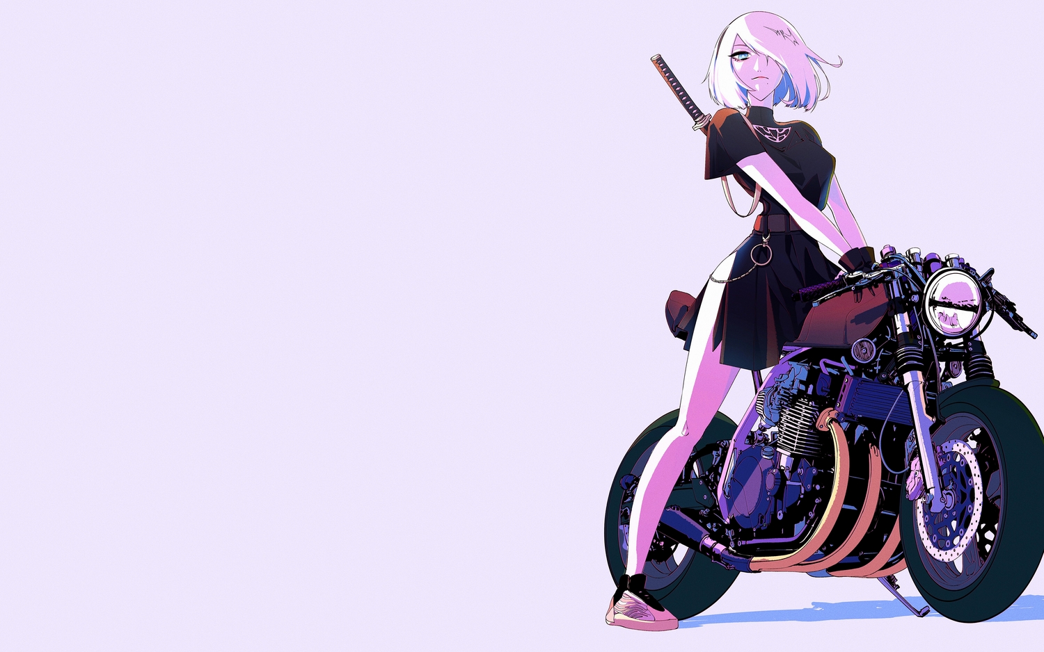 aqua_eyes, gloves, katana, motorcycle, nier, nier:_automata, short_hair, skirt