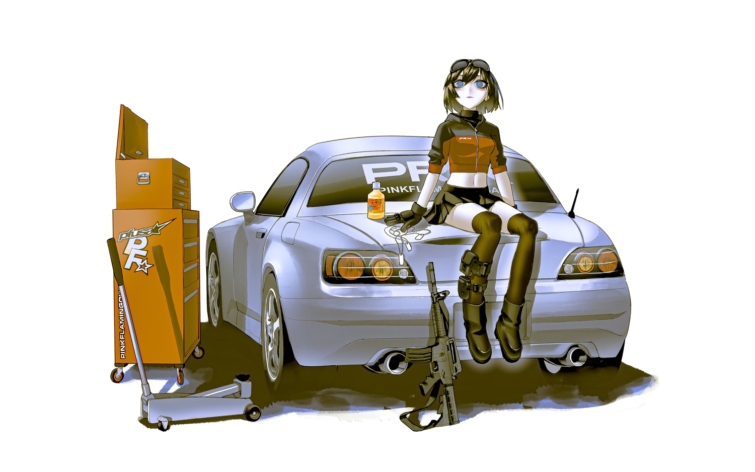 black_hair, blue_eyes, boots, car, drink, gloves, goggles, gun