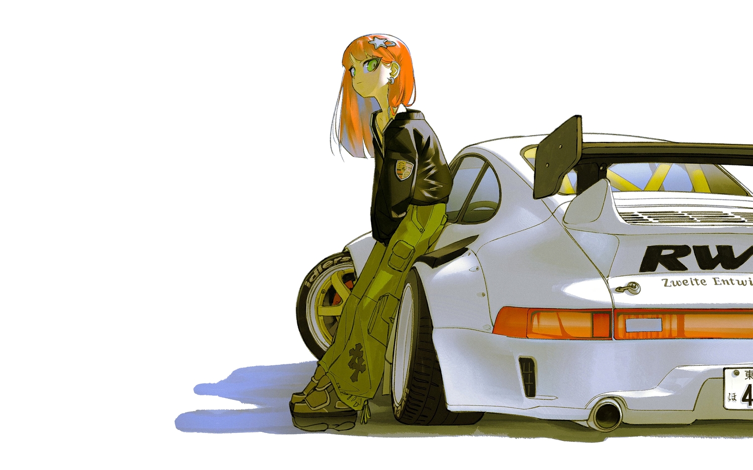 car, green_eyes, long_hair, orange_hair, original, third-party_edit, vinne, white