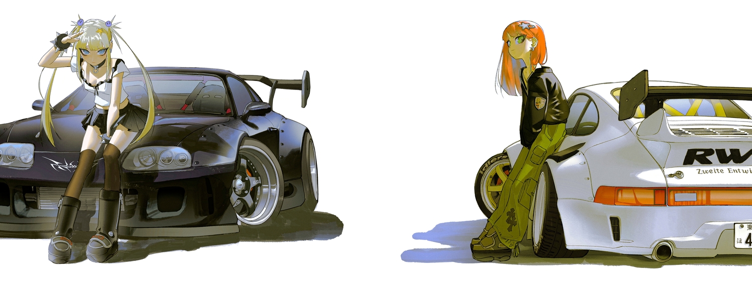 2girls, aqua_eyes, blonde_hair, boots, breasts, car, cleavage, collar, green_eyes, long_hair, orange_hair, original, skirt, thighhighs, third-party_edit, twintails, vinne, white, wristwear