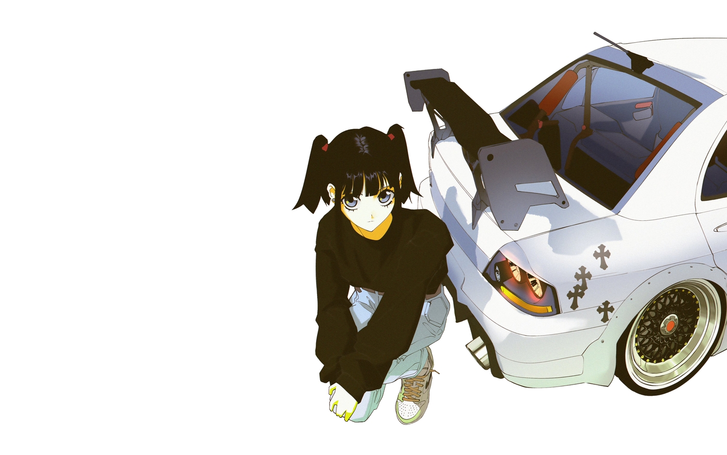 black_hair, car, gray_eyes, original, short_hair, third-party_edit, vinne, white