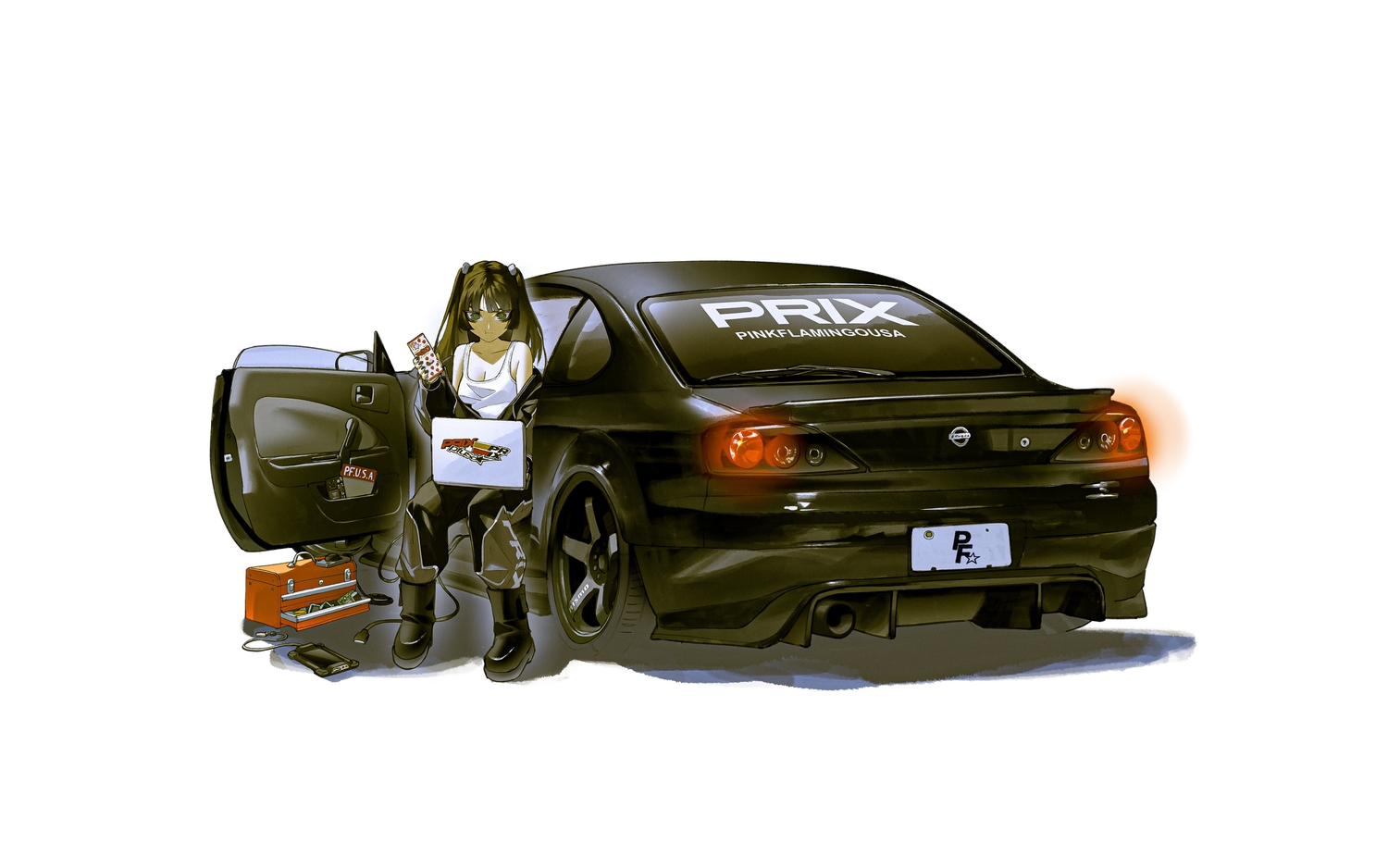 black_hair, breasts, candy, car, chocolate, cleavage, computer, green_eyes